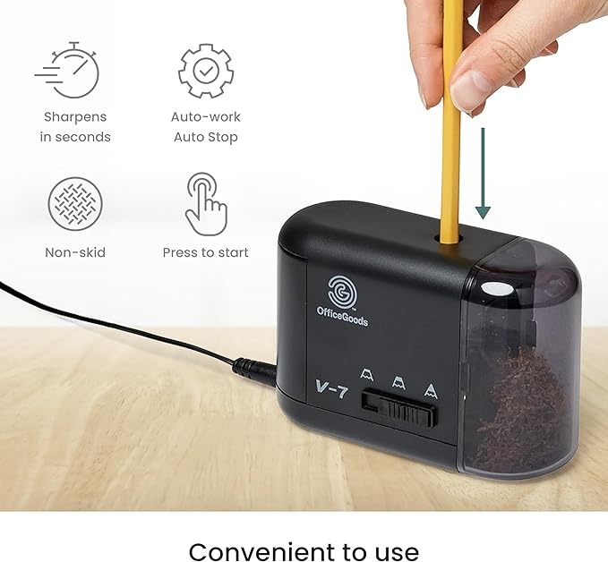 OfficeGoods Electric Pencil Sharpener - Battery or Cord Powered Portable Sharpener - Perfectly Sharpens Colored Pencils, Drafting Pencils for Kids, Adults, Office, School and Home - Black