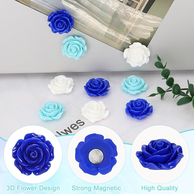 20 Pcs Rose Fridge Magnets, 1.1 Inch Cute Flower Fridge Magnets, 3D Colorful Refrigerator Decorative Magnet for Whiteboard Locker Cabinet (Blue-3 Colors-Rose)