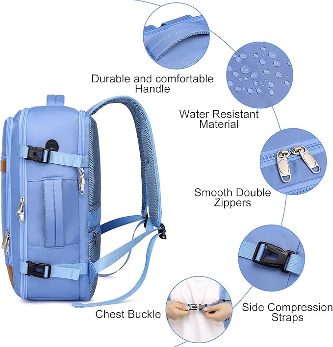 Travel Laptop Backpack for Men Women Airline Approved Carry On Backpack with Shoe Pouch,TSA 15.6inch Laptop Mochila Flight Approved Personal Item Bag for Weekender Bookbag Travel Essentials,Blue