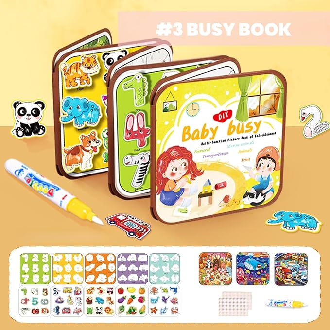 FZRMU Toddler Water Doodle Book Set for Ages 1-3, Mess Free Travel Activity Set with 2 Reusable Water Coloring Books, 1 Sticker Busy Book, Water Pens & Cards, Learning Toy for Car Rides Airplane
