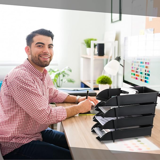 Fainne 8 Pcs Stackable Paper Trays Organizer for Desk 8 Layer Stackable Letter Trays Plastic File Organizer Tray and Stacking Supports for File Storage, 13 x 10 x 2.76'' (Black)