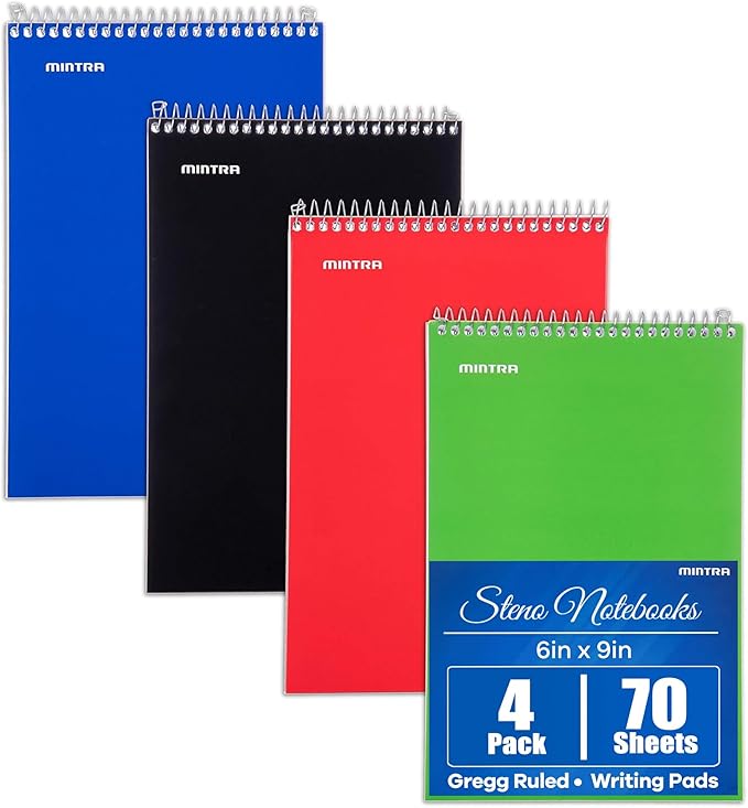 Mintra Office Steno Books Set - Top-Spiral Bound, Gregg Ruled, 70 Green Tint Sheets, Primary Color Covered Notebooks for Office, Professional, School & Work, Note-taking, Writing Pads, 6"x9", 4 Pack