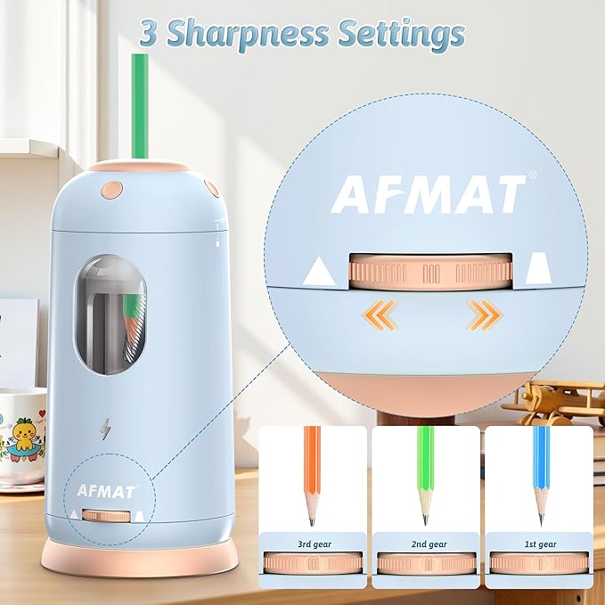 AFMAT Electric Pencil Sharpener, Auto in & Out, Fully Automatic Pencil Sharpener, Rechargeable Hands-Free Sharpeners for Jumbo & Colored Pencils (7-11.5mm), Good for Classroom/Home PSC8(Light Blue)
