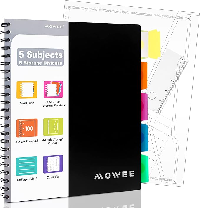 Spiral Notebook - 5 Subject Notebook, College Ruled Notebook 3-Hole Punched With Dividers, Storage Pockets, 11" Ruler, 200 Pages, for Writing Journal, Home &Office, School Supplies（Black）