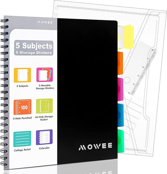 Spiral Notebook - 5 Subject Notebook, College Ruled Notebook 3-Hole Punched With Dividers, Storage Pockets, 11" Ruler, 200 Pages, for Writing Journal, Home &Office, School Supplies（Black）
