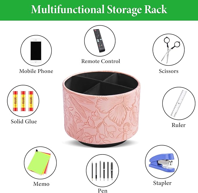 Round Leather Art Supply Organizer,Remote Control Holder,360 Degree Spinning,Multi-Functional Pencil Holder,4 Compartments Desktop Stationary Organizer(1-Carved Pink)