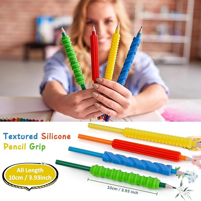 Sequiay 4 Pcs Length Pencil Grips Handwriting, Textured Silicone Pencil Grip - ADHD Tools, Fidgets for Classroom Toy, Helps Ease Autism, Anxiety, and Stress (4 Colorful)