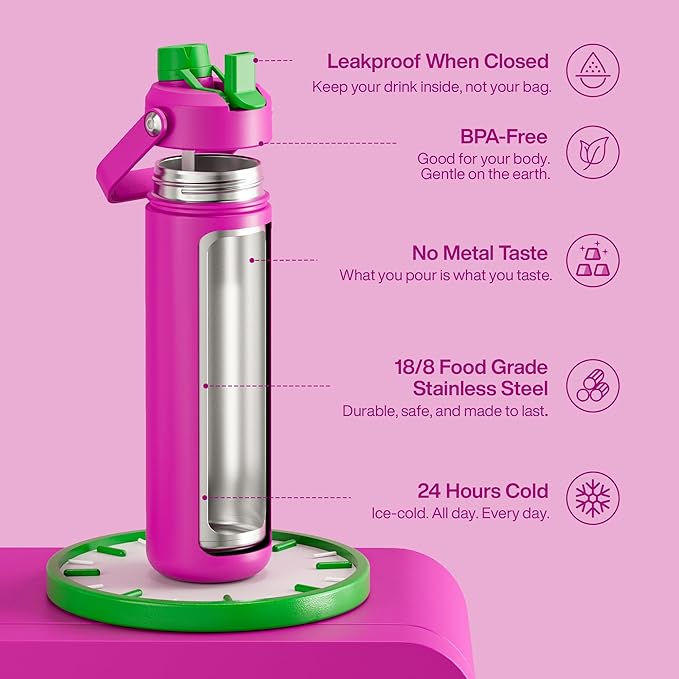 ENCOOL Insulated Water Bottle with Straw Stainless Steel Water Bottle, Leak-Proof, BPA-Free, Double Wall Vacuum Keeps Cold for 24 Hours for Sports, Travel, School (26 oz, Knockout Pink)