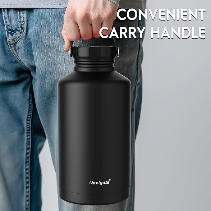 Navigate 64oz Insulated Water Bottle for Sports, Keep Cold 24H | 2-in-1 Spout and Handle Lids, Double Leak-Proof, 18/8 Stainless Steel, BPA-Free, Wide Mouth for Gym and Hiking,Black