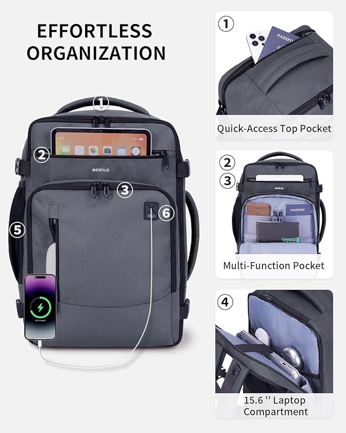 ECOHUB 17" Small Travel Backpack, United Airlines Personal Item Bag 17x10x9 with 16 Pockets, Water Resistant Rucksacks Fit 15.6" Laptop, AirTag Pocket, Lightweight Casual Daypack, 25L, Grey Green