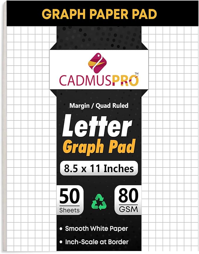 Graph Paper Pads 8.5x11 Inch, 50 Sheets, Double-Sided 80 GSM Quadrille Grid Math Notebook Paper for Students, Engineering Pad, Blueprint Drafting and Architecture Sketching