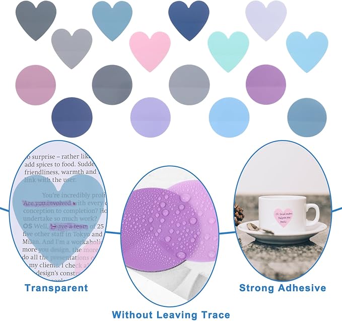 Transparent Sticky Notes Heart & Round Translucent Sticky Notes Colorful Page Flags Stickers Waterproof Index Sticker Self-Stick Book Tabs Clear Book Markers 320 Sheets