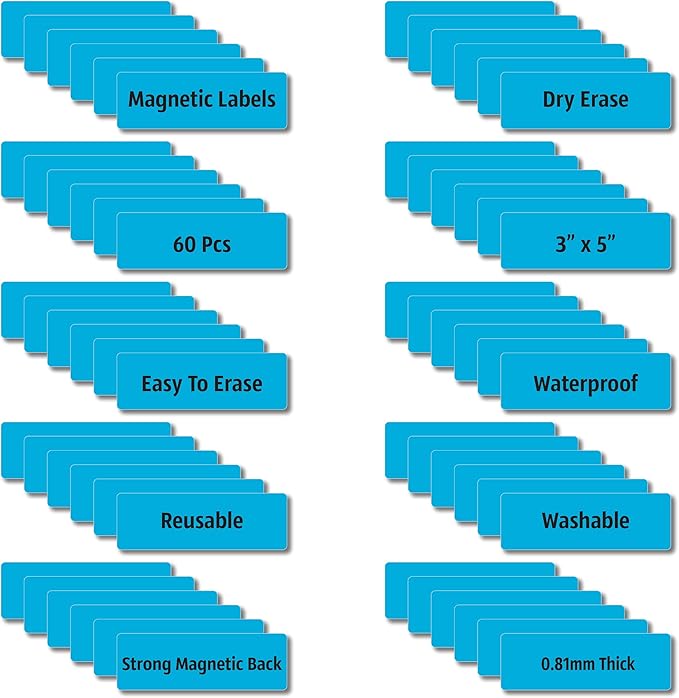 IMAGAME Magnetic Dry Erase Magnets Labels 3x1 inches, Reusable Name Tags, Organizing Schedules in Office/Classroom. Work on Fridge/White Board (Cyan 60Pcs)