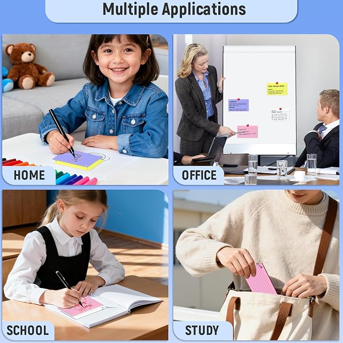 400 Count 3 x 5 Inch Colored Index Cards with Binder Rings, Lined & Blank Study Cards, Thick Cardstock Flash Cards for Students & Teachers, Color-Coded Notecards for School, Home, Work