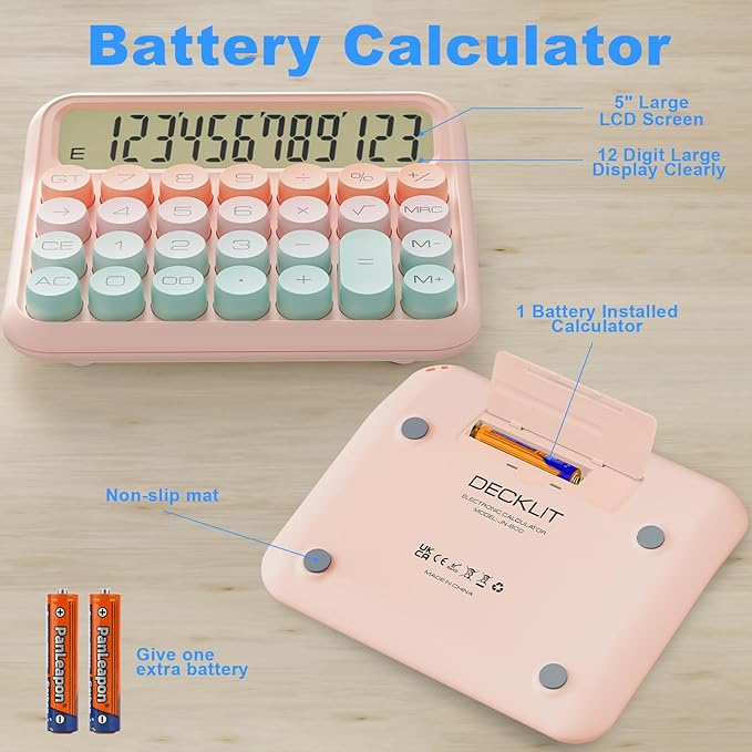 DECKLIT Battery Desk Calculator - 12 Digit Extra Large 5-Inch LCD Display, Big Buttons Easy to Press, 15Tilt Screen for Kids (Green&Pink)