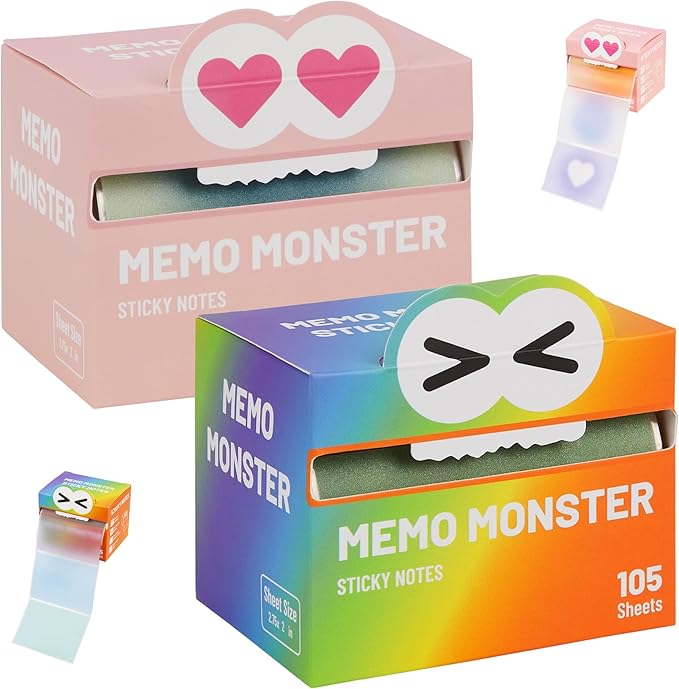 2PCS Monster Sticky Notes – Glittery Semi-Transparent Full-Adhesive Sticker Notes with Cute Monster Box, 105 Sheets for School Supplies, Office Products, Journaling, Scrapbooking & Labels