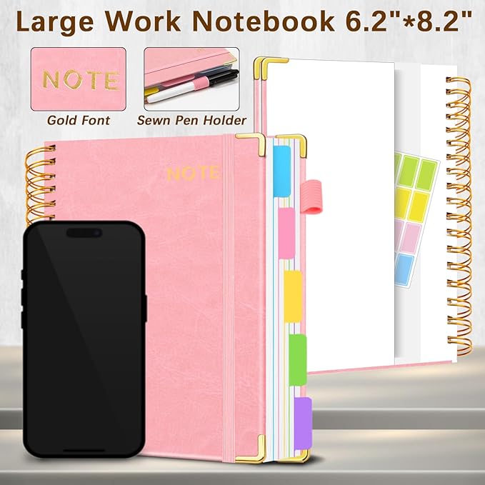 Hardcover Spiral Notebooks for Work 6.2"x 8.2", 300 Pages 5 Subject Notebook with Dividers & Tabs, A5 Spiral Journal for Women, College Ruled Notebook for School Note-Taking (Pink)
