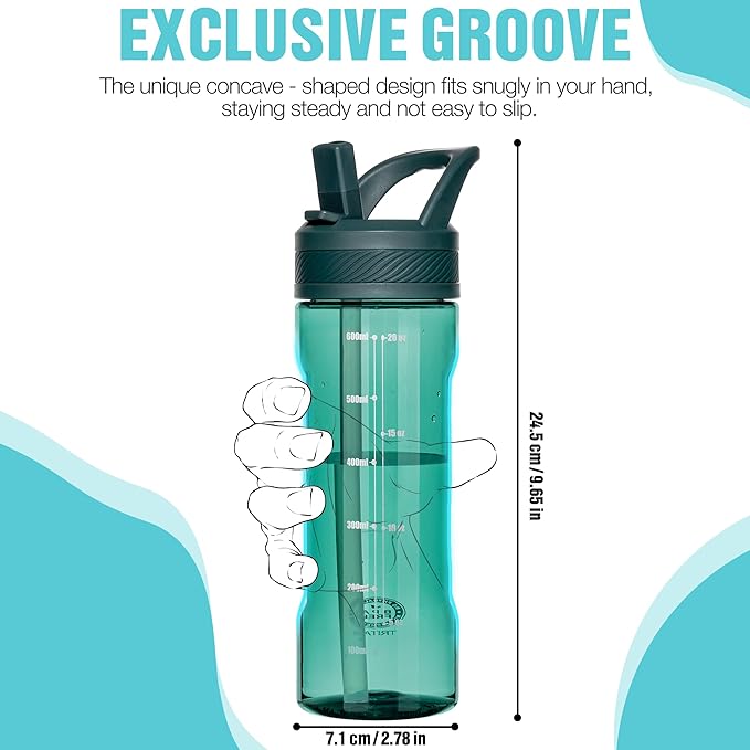 OLDLEY 20oz Kids Water Bottle with Straw, BPA-Free Tritan Water Bottle for School, Leakproof Clear Water Bottle with One Click Open, Measurement Scale, Cup Holder Friendly for Boys Girls,Lagoon