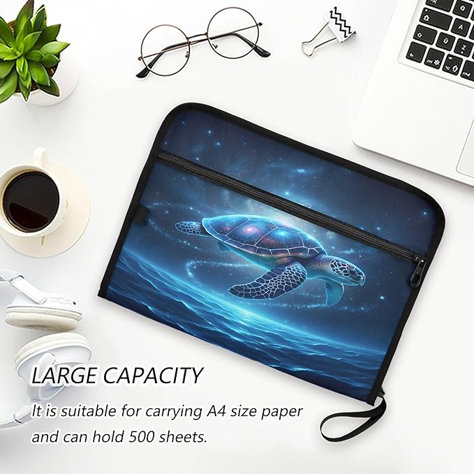 Sea Turtle Starry Sky 13 Pocket File Organizer Expanding File Folder with Front Pouch Portable Business File Storage Document Organizer Folder with Zipper