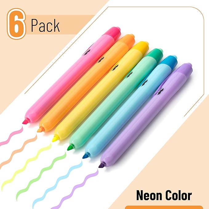Mr. Pen- Retractable Highlighters, 6 Pack, Bright Colors, Chisel Tip Highlighter Marker Set, Click Highlighter Markers for Classroom, Journaling, Study Supplies, No Bleed On Standard Pages