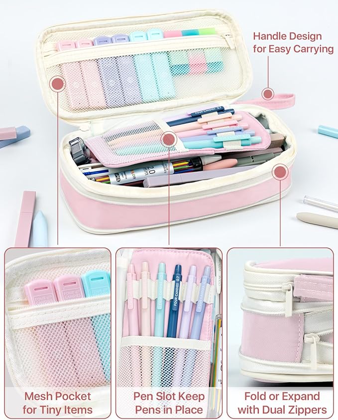 Four Candies 56PCS School Supplies with Pencil Case, Stationery Set, Pink | 6 Multicolor Pens, 12 Pastel Highlighters, 5 Gel Pens, 9 Mechanical Pencils, Back to School, College Essentials for Students