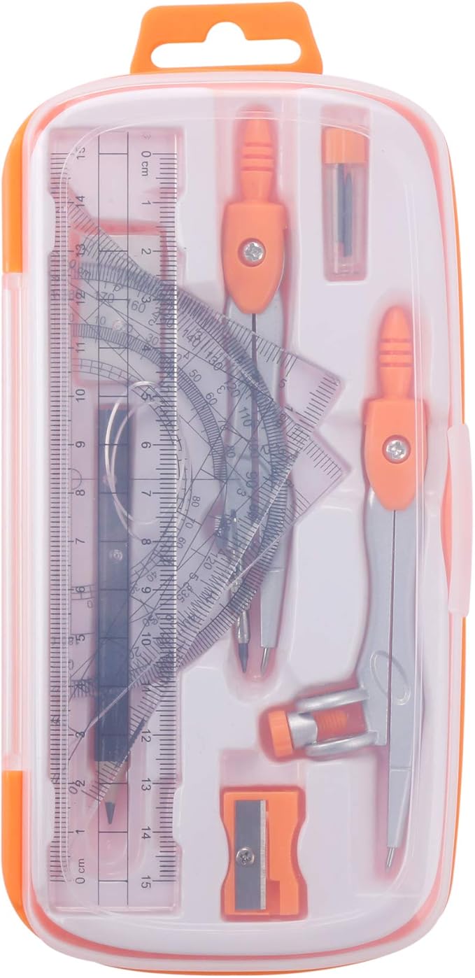 Unjoo Math Geometry Kit Sets 10 Piece Student Supplies with Shatterproof Storage Box,Includes Rulers,Protractor,Compass,Eraser,Pencil Sharpener,Lead Refills,Pencil,for Drafting and Drawings（Orange）