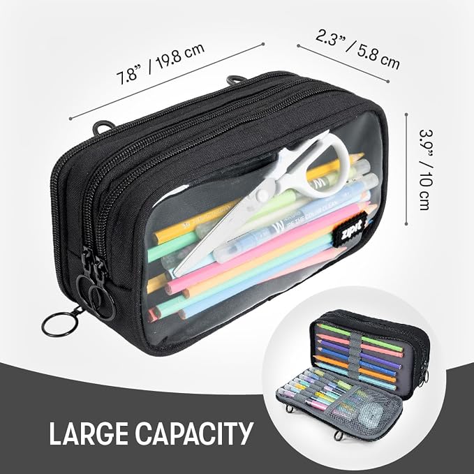 ZIPIT Half & Half Pencil Case, 3-Compartment Aesthetic Zipper Pouch, Black | Clear-front pencil case for school, dedicated organizer panels, holds up to 70 pens & pencils, durable easy-care polyester