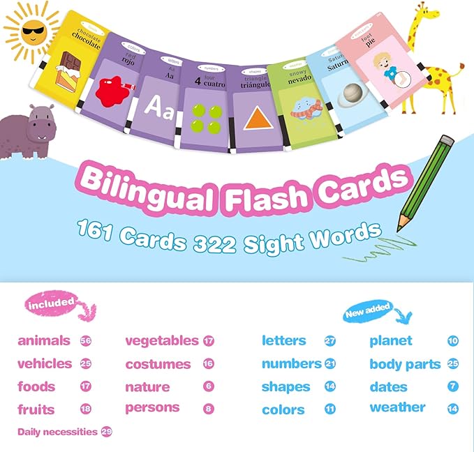 TimingSXD Spanish Flash Cards for Kids,Bilingual Flash Cards for Toddler/Beginning - ABC,Numbers,Colors,Shapes,Español/English Talking for Preschool,Kindergarten,Ages 2+
