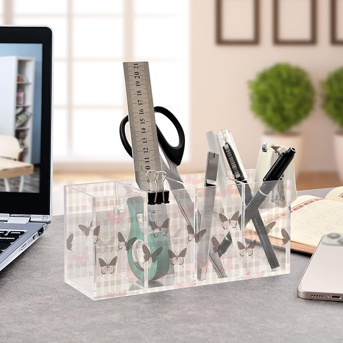 Aslsiy Butterfly (59) Pen Holder for Kids 4 Compartments Acrylic Pencil Holder Clear Makeup Brush Holder Desk Organizer Office Supplies