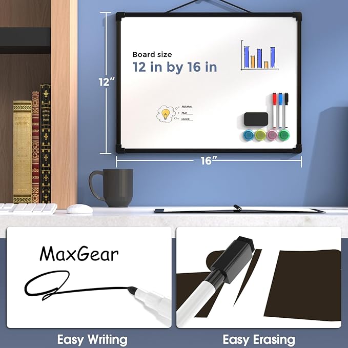 MaxGear Double-Sided Dry Erase Board for Wall, 16"x12" Hanging Whiteboard, Small Dry Erase White Board kit, Portable for Planning, Drawing, Memo, to Do List, Black Frame