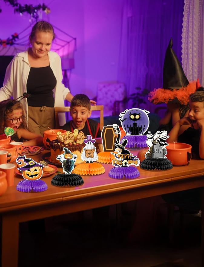 Halloween Table Decorations - 9Pcs Halloween Centerpieces for Tables Black Orange Honeycomb Centerpieces Pumpkin Ghost Witch Cat Table Topper for Spooky Birthday Party Supplies