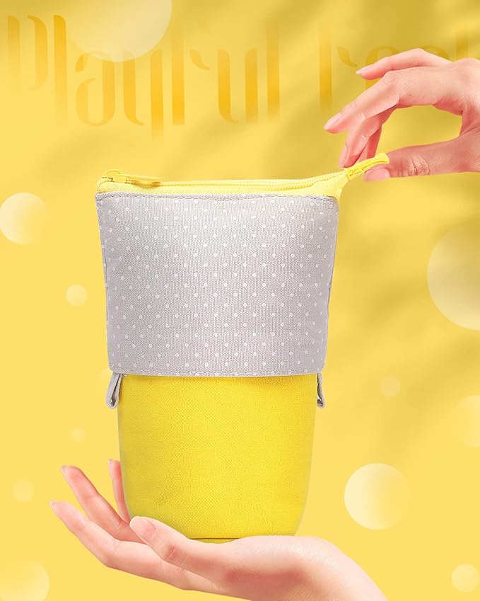 Sooez Standing Pencil Case, Cute Stand up Pencil Pouch, Telescopic Pen Pouch, Portable Pencil Holder, Cute Stand up Pencil Case, Spacious Pencil Pouch Bag for School Office Supplies Yellow