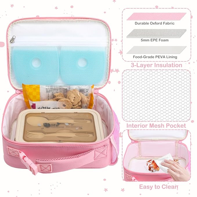 FlowFly Kids Lunch box Insulated Soft Bag Mini Cooler Back to School Thermal Meal Tote Kit for Girls, Boys, Glitter-RainBow