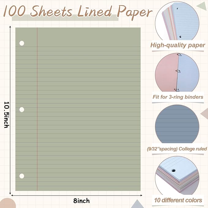 gisgfim 100 Sheets Loose Leaf Binder Paper, 8" x 10.5" Colored College Ruled Paper, 3 Hole Punched Lined Refill Inserts Thicken for 3-Ring Binders Notebooks Planner Writing School Office (Boho)