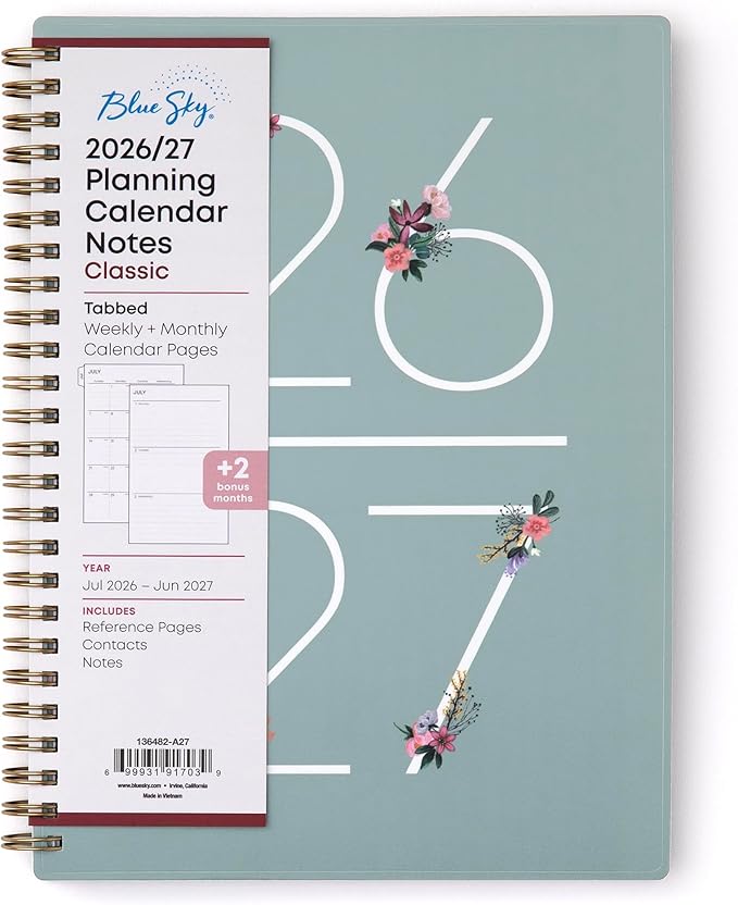 Blue Sky 2026-2027 Weekly and Monthly Academic Year Planner Calendar, July 2026 - June 2027, 5.875" x 8.625", Flexible Cover, Wirebound, Laminated Tabs, Includes Extra 30 Sheets of Notes, Greta