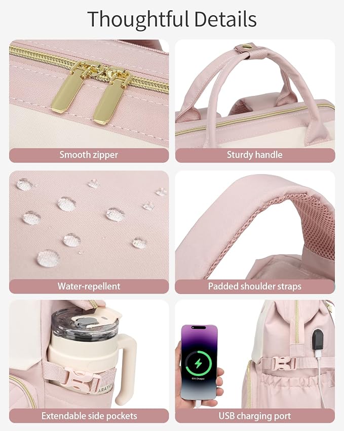Computer Backpack for Women, Work Bag Laptop Bookbag with Cup Holder & USB Charger for Teacher Nurse College Travel Back Pack, Gifts, Beige Pink