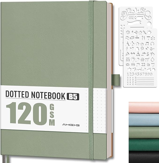 AHGXG Dotted Journal - Dot Grid Notebook Journal, 120 GSM Thick Acid-Free Paper, Large B5 Dotted Notebook 96 Pages, Leather Softcover, Inner Pocket, Journal Stencil, 7.6'' X 10'', Sage Green