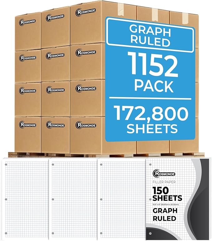 Rosmonde Graph Paper Bulk, 1152 Pack (Pallet), 172800 Sheets, 4x4, Pallet of Loose Leaf Paper, 8" x 10.5", Bulk Graphing Paper, 3 Hole Punched for Binder, Quad Ruled Paper, 4-7 Days Transit