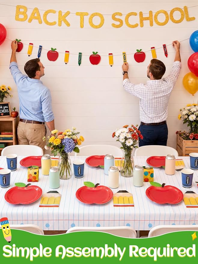 Alphatool Back to School Party Tableware Decoration Set Serves 24 Guests | 24 Set Paper Plates Pencil Napkins Cups, 2 Pcs Tablecloths and Banners for First Day of Preschool