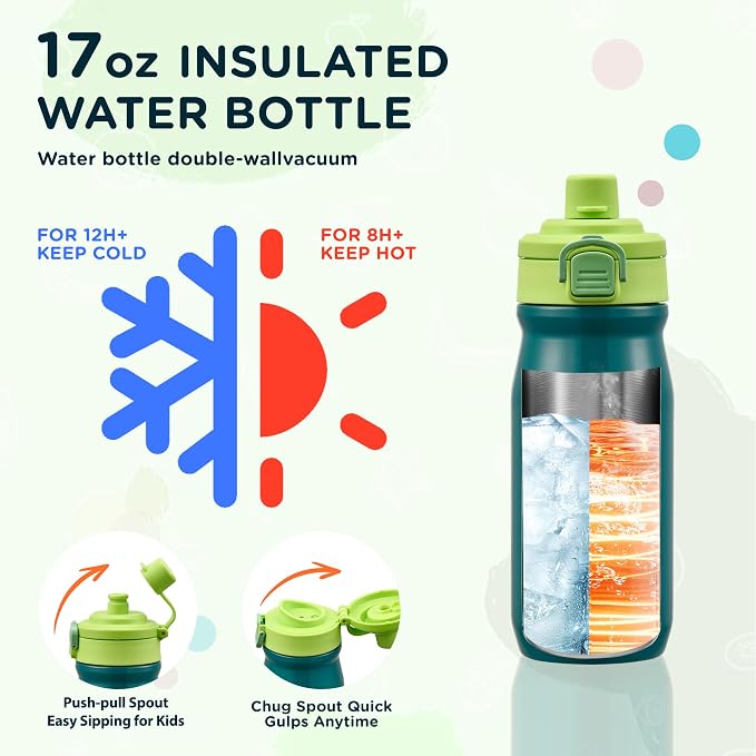 MAISON HUIS Bento Box for Kids with 8oz Soup Thermo, Insulated Lunch Bag & 17oz Water Bottle, 2-Compartment Bento Box with Built-In Ice Pack, Leak-Proof & BPA-Free (Green)