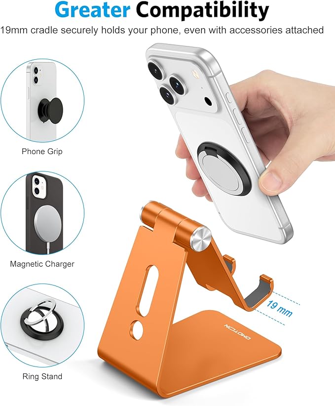 OMOTON Adjustable Cell Phone Stand, Aluminum Desktop Cellphone Stand with Anti-Slip Base and Convenient Charging Port, Fits All Smart Phones, Orange