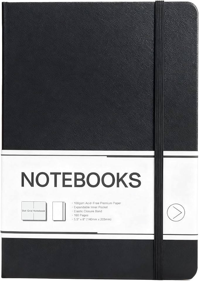 M&G Dotted Journal Notebook, 160 Pages, A5 Medium Size 5.6" x 8" for Men Women, 100GSM Thick College Ruled Paper Bullet Journal for Note Taking, Work & Office, Leather Hardcover, Black