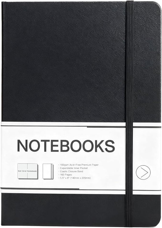 M&G Dotted Journal Notebook, 160 Pages, A5 Medium Size 5.6" x 8" for Men Women, 100GSM Thick College Ruled Paper Bullet Journal for Note Taking, Work & Office, Leather Hardcover, Black