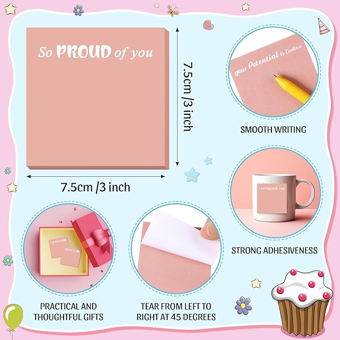 Yinder 24 Pcs Inspirational Sticky Notes Cute Motivational Sticky Notes Pad End of Year Employee Appreciation Gifts Bulk for Teacher Nurse Coworkers Office Supplies 3 x 3'' (Motivational,Pink)