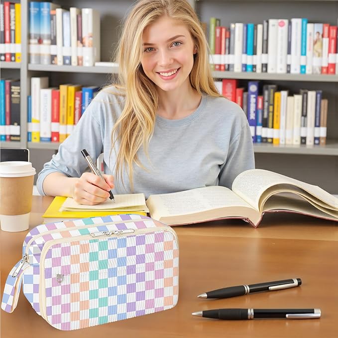 WOBAGMEN Cute Pencil Case,Large Corduroy Zippered Pencil Case Pouch, aesthetic Pencil Bag with Compartments, Pencil Pouch School Supplies (Colorful checked)