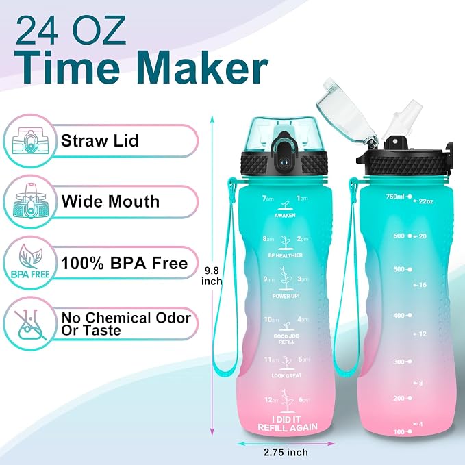 24 OZ Motivational Kids Water Bottle With Time Marker,Straw Lid,Leak Proof, Tritan BPA Free Sports Water Bottle Dark Green Pink (1 Lid)