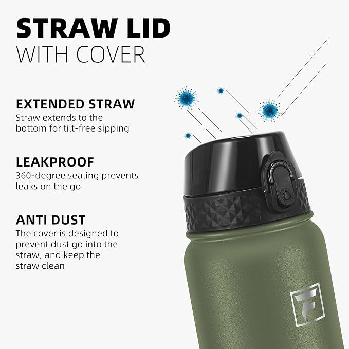 Fanhaw 20 Oz Kids Insulated Stainless Steel Water Bottle with Straw Lid, Leakproof & Anti-Dust Everyday Use Bottle for School, Women & Men, Back to School Essentials (Olive Green)