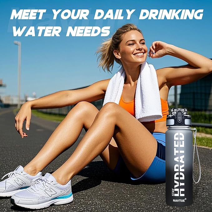 Water Bottle, 32oz Sports Water Bottles with Time Marker Wide Mouth, Motivational and Leakproof Drink Bottle, BPA Free Tritan with Carry Strap for Gym Fitness Outdoor (1 Bottle)