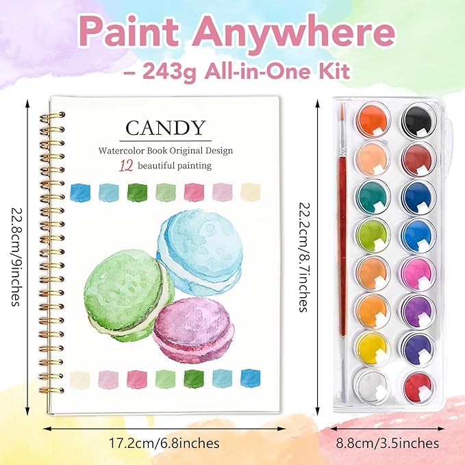 Easy Watercolor Workbook for Beginners - 12 Beautiful Step-by-Step Paintings Water Coloring Book, Includes 16 Colors Paints, Relaxing Art Projects and Creative Gift for Adults & Teen (Candy)