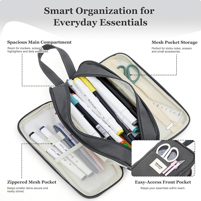 Pencil Case Pouch, Large Capacity Pencil Box Bag, Aesthetic Pen Organizer for School Supplies, Cute Preppy Stuff for Girls Boys Kids, Back to College Stationery, Grey